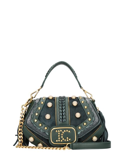 Borsa in ecopelle e inserti in cavallino con borchie strass e patchwork di materiali LA CARRIE | FICUS MED.HAND BAG COMBI MIXVERDE